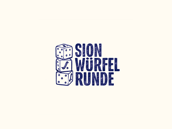 Ein stilisiertes Logo zeigt drei aufeinandergestapelte Würfel, daneben der Text Sion Würfel Runde.