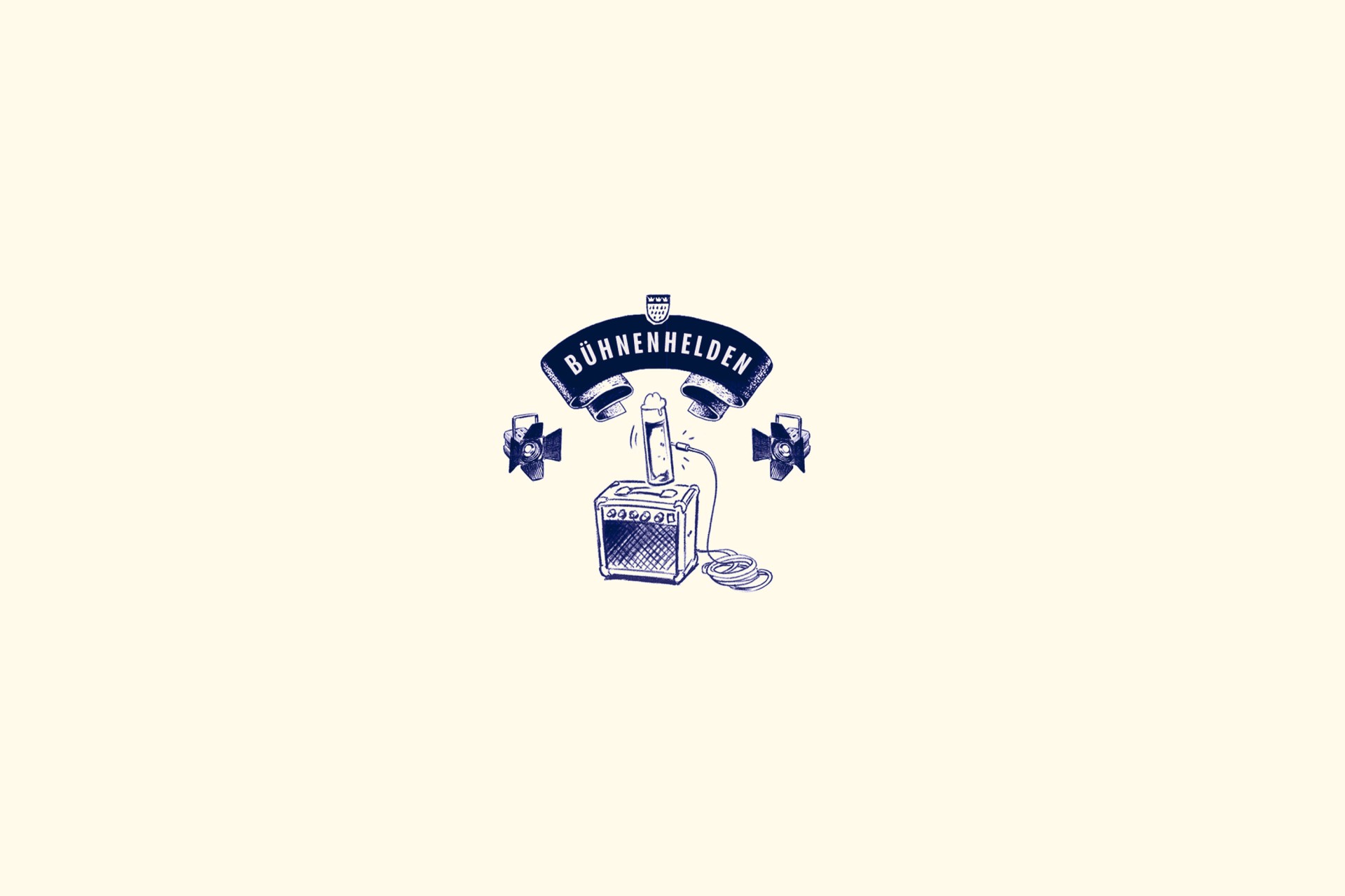 Logo mit Verstärker, Bierglas und Bühnenscheinwerfern. Heller Hintergrund mit Schriftzug Bühnenhelden.