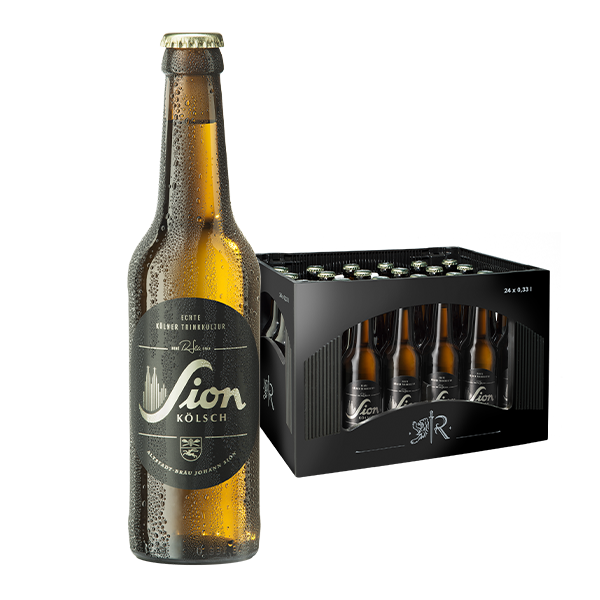 Sion 0,33 Liter Kölsch-Flasche steht vor Kasten 24 mal 0,33 Liter.