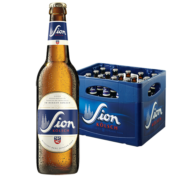 Sion 0,5 Liter Kölsch-Flasche steht vor Kasten 20 mal 0,5 Liter.