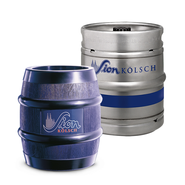 Zwei Sion Kölsch-Fässer, eines blau, eines silber.